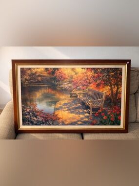 Large Framed Autumn Landscape Wall Art Bench Lake Wood Frame 36x18